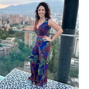 FUZZI Blue Green Printed Mesh Sleeveless V-Neck Tuta Mesh Jumpsuit Size Small